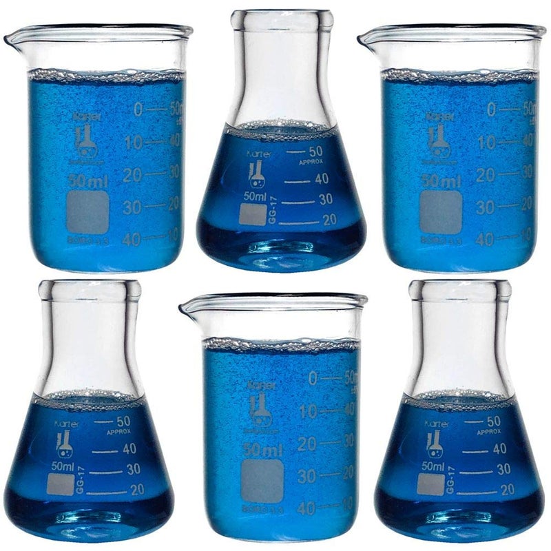 Karter Scientific Laboratory Shot Glass Set, 6 Pieces, 50ml Beakers and 50ml Flasks, Borosilicate Glass, Karter Scientific 233V2 - Image 2